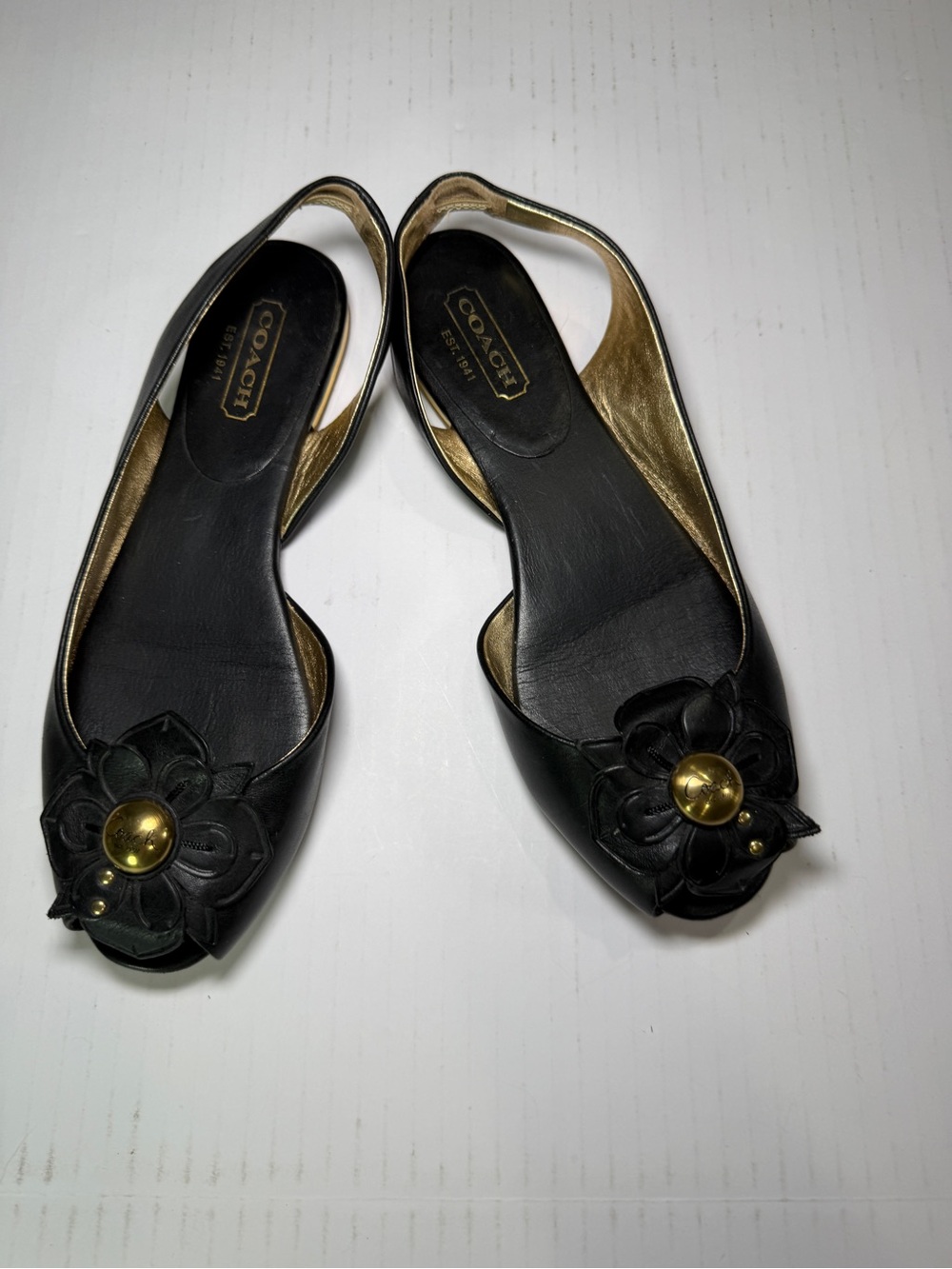 Coach Black Leather Slingback Flats with Floral Stud Accent